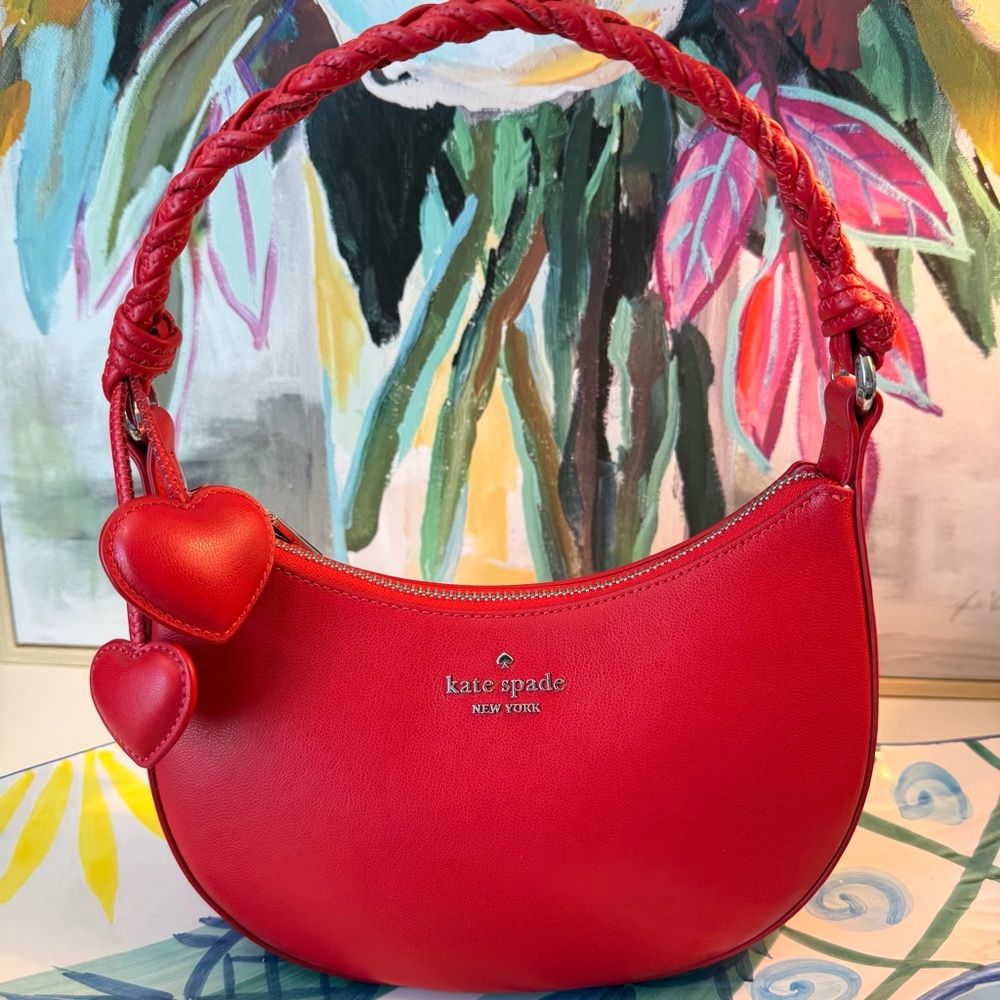 Kate Spade Red heart Nova Braided Handle Small Crescent Shoulder/Crossbody Bag - Picture 5 of 10